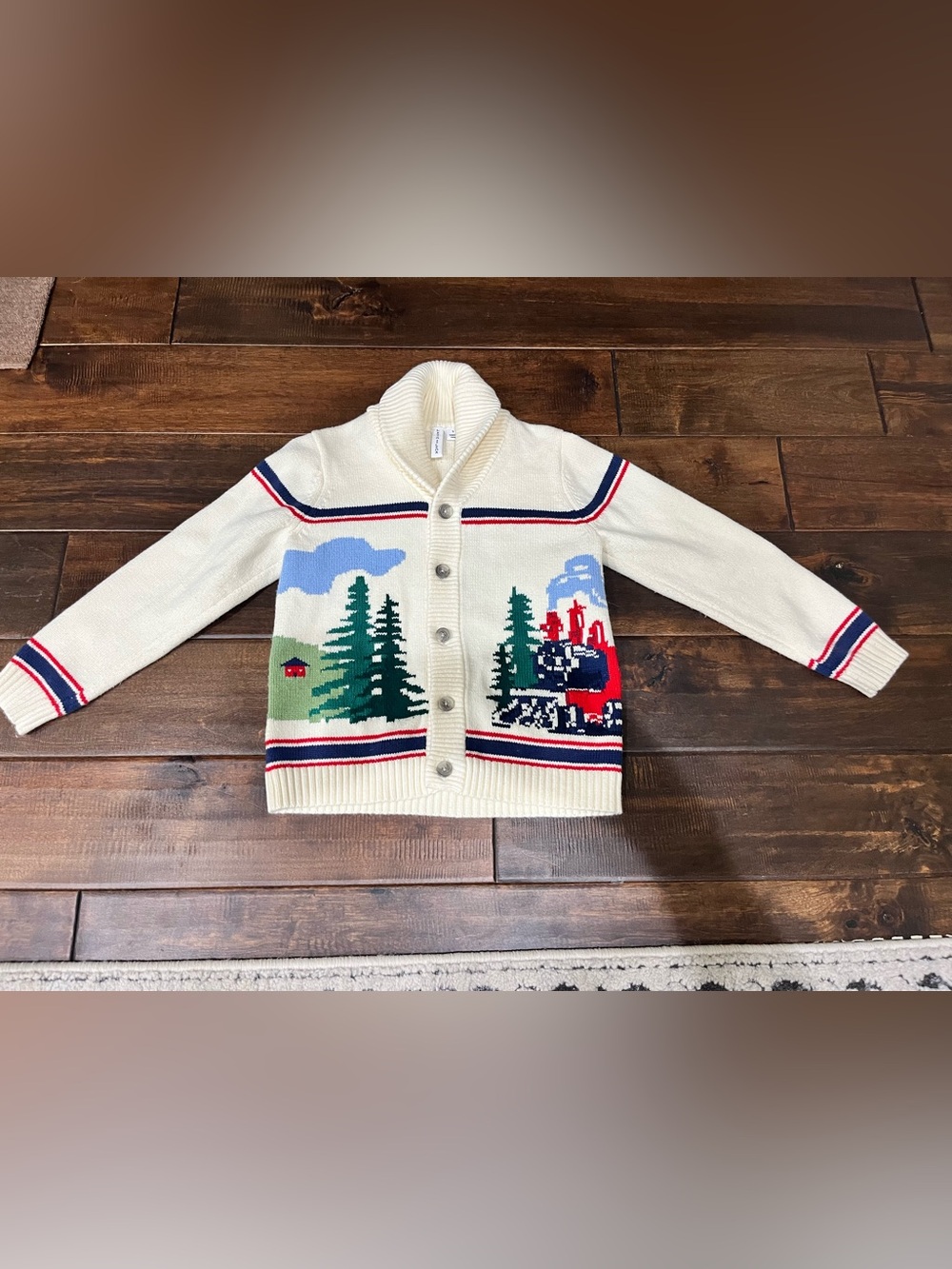 Janie and Jack Cream Shawl Collar Jacket with Train & Forest Motif